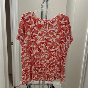Roaman's coral and White Floral Short Sleeve Top 100% Cotton